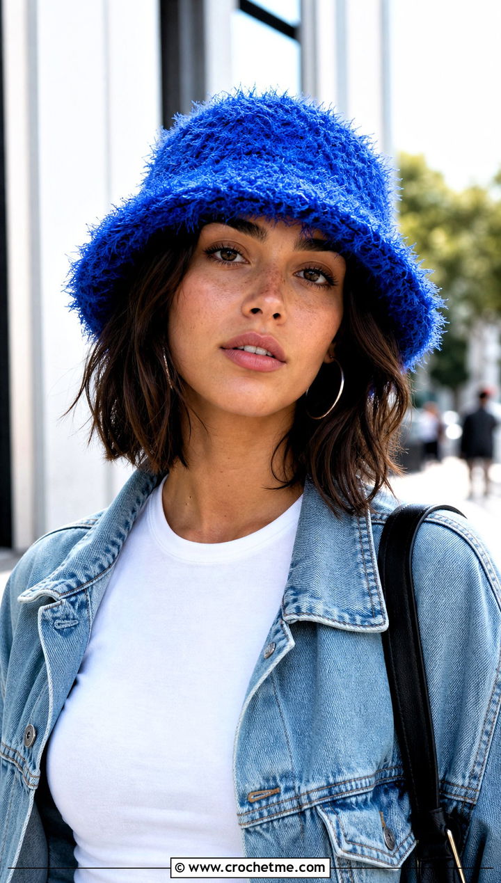 Eyelash Yarn Fuzzy Crochet Bucket Hat With Denim Jacket - 25 fuzzy crochet bucket hat outfit ideas