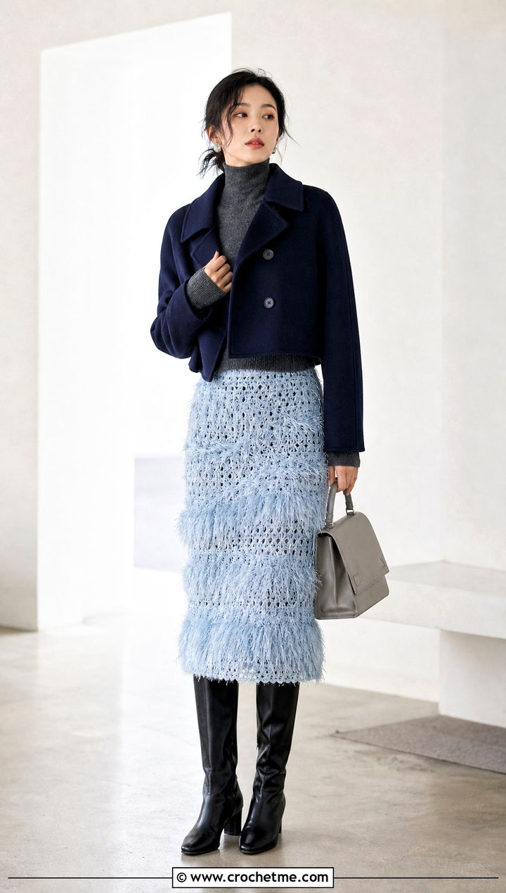 Eyelash Yarn Layered Crochet Midi Skirt With Cropped Coat And Boots - 35 Layered Crochet Skirt outfit ideas