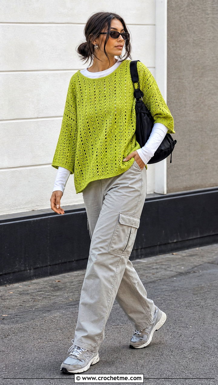 Eyelet Crochet Blouse With Cargo Pants - 15 fall crochet blouse outfit ideas