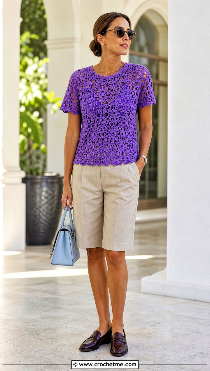 Eyelet Crochet Tee With Bermuda Shorts - 15 intermediate crochet tee outfit ideas