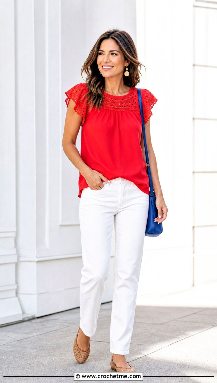 Eyelet Crochet Trim Blouse With White Jeans - 30 crochet trim top outfit ideas
