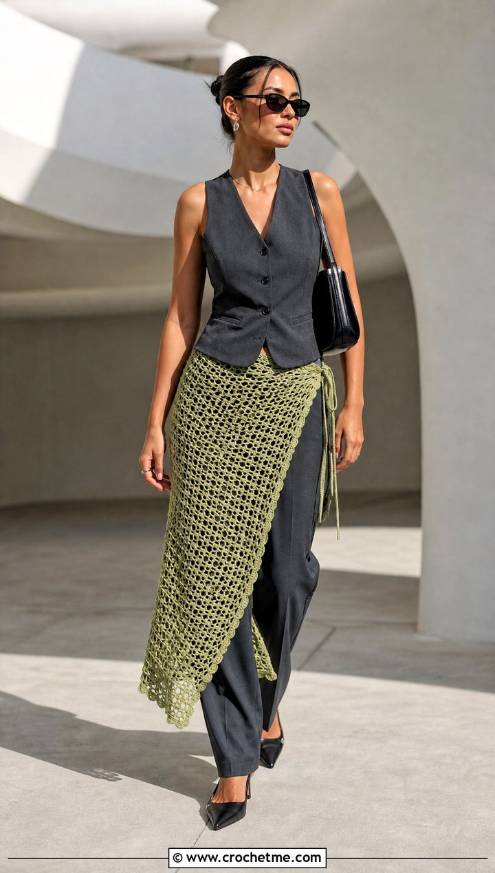 Eyelet Maxi Crochet Wrap Around Skirt Over Trousers - 30 crochet wrap around skirt outfit ideas