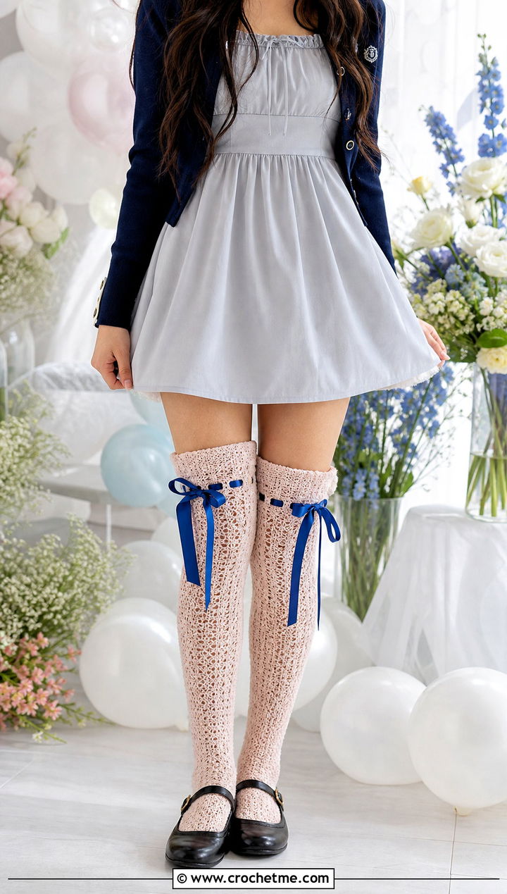 Eyelet Ribbon Thigh High Crochet Socks With Babydoll Dress - 35 thigh high crochet socks outfit ideas