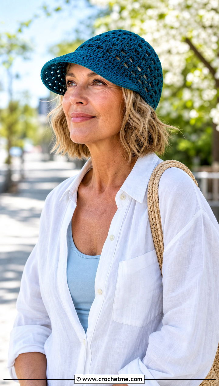 Eyelet Visor Brimmed Crochet Beanie With Linen Shirt - 15 Brimmed Crochet Beanie outfit ideas