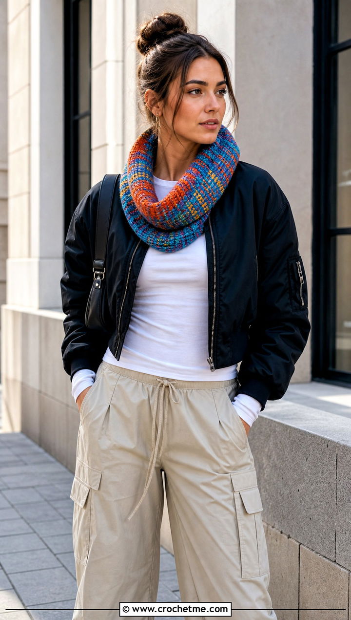 Fable Crochet Cowl With Bomber Jacket And Parachute Pants - 25 fable crochet cowl outfit ideas