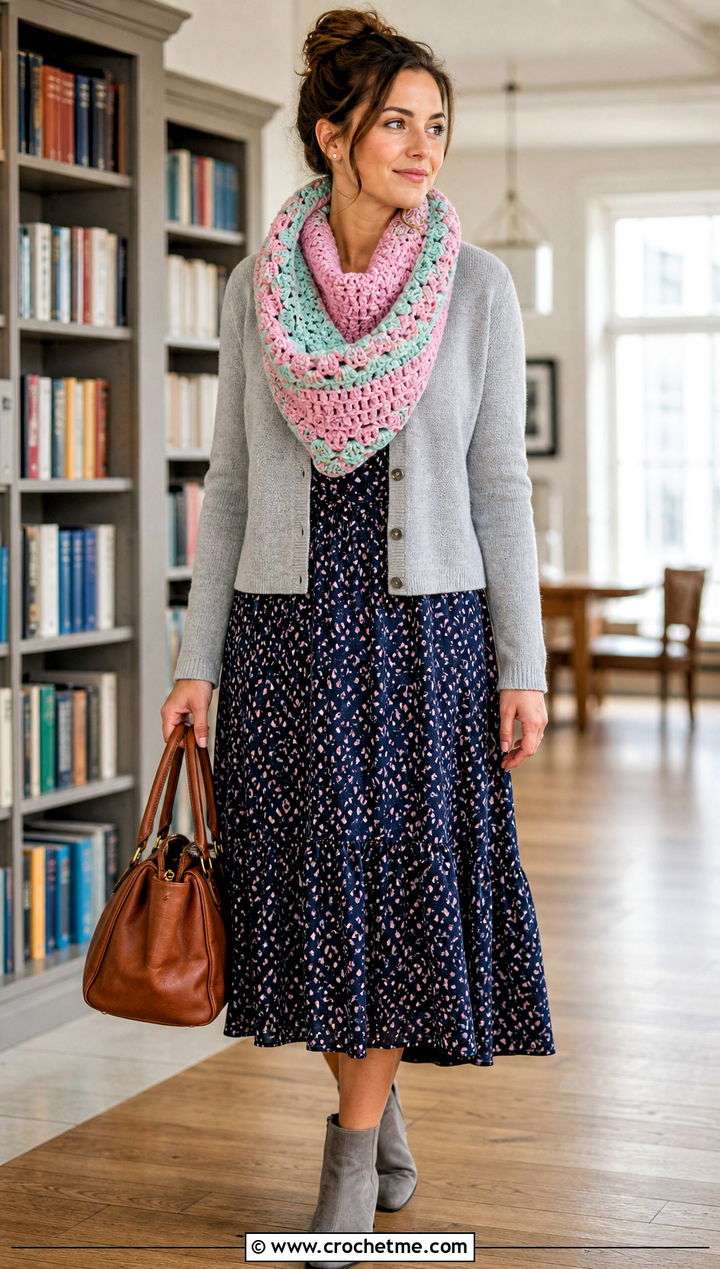Fable Crochet Cowl With Cardigan And Midi Dress - 25 fable crochet cowl outfit ideas