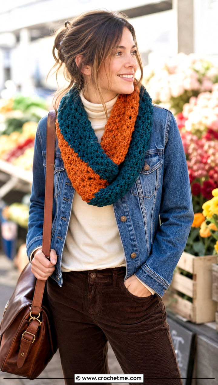 Fable Crochet Cowl With Denim Jacket And Corduroy Pants - 25 fable crochet cowl outfit ideas