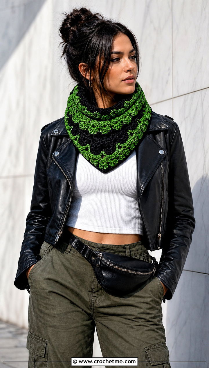 Fable Crochet Cowl With Leather Jacket And Cargo Pants - 25 fable crochet cowl outfit ideas