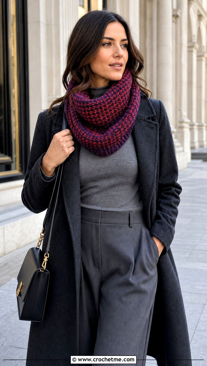 Fable Crochet Cowl With Maxi Coat And Wide Leg Trousers - 25 fable crochet cowl outfit ideas