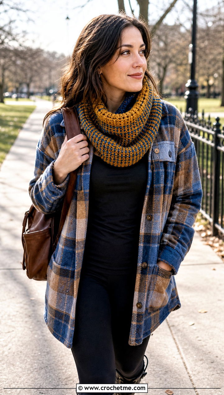 Fable Crochet Cowl With Plaid Shacket And Leggings - 25 fable crochet cowl outfit ideas