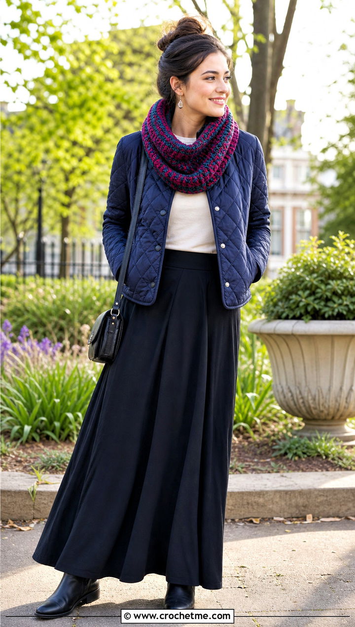 Fable Crochet Cowl With Quilted Jacket And Maxi Skirt - 25 fable crochet cowl outfit ideas