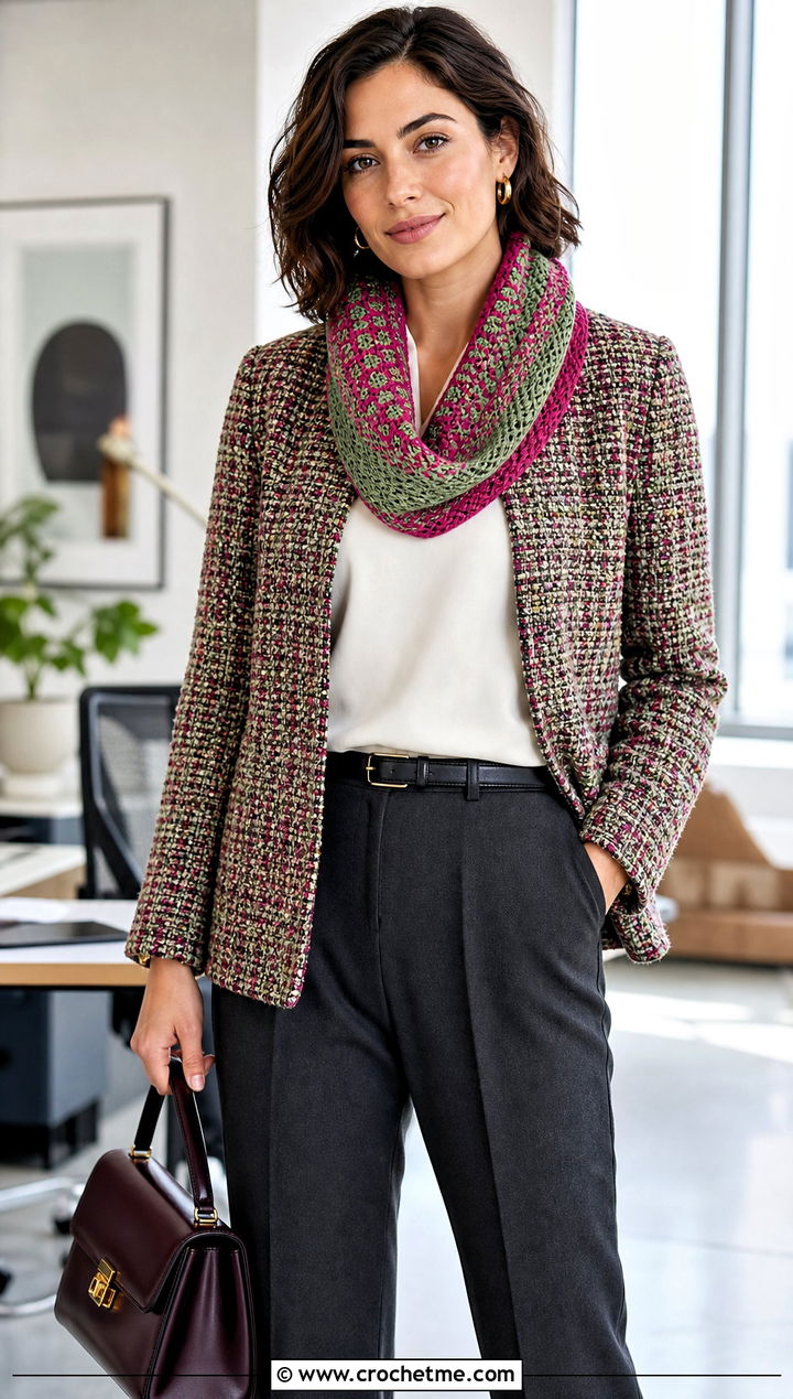 Fable Crochet Cowl With Tweed Jacket And Trousers - 25 fable crochet cowl outfit ideas