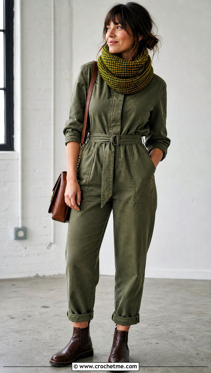 Fable Crochet Cowl With Utility Jumpsuit - 25 fable crochet cowl outfit ideas