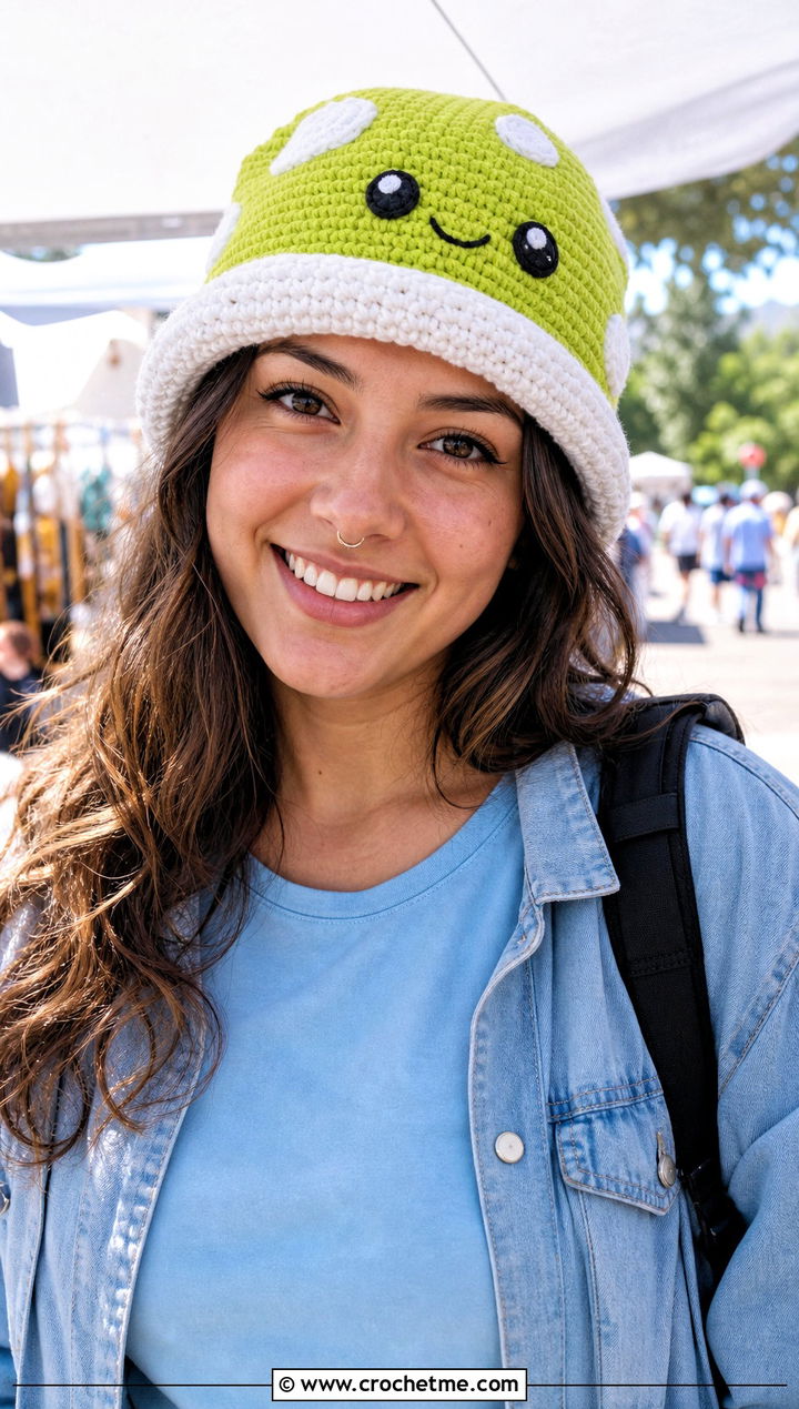 Face Detail Mushroom Crochet Cap With Casual Shorts - 20 Mushroom Crochet Cap outfit ideas
