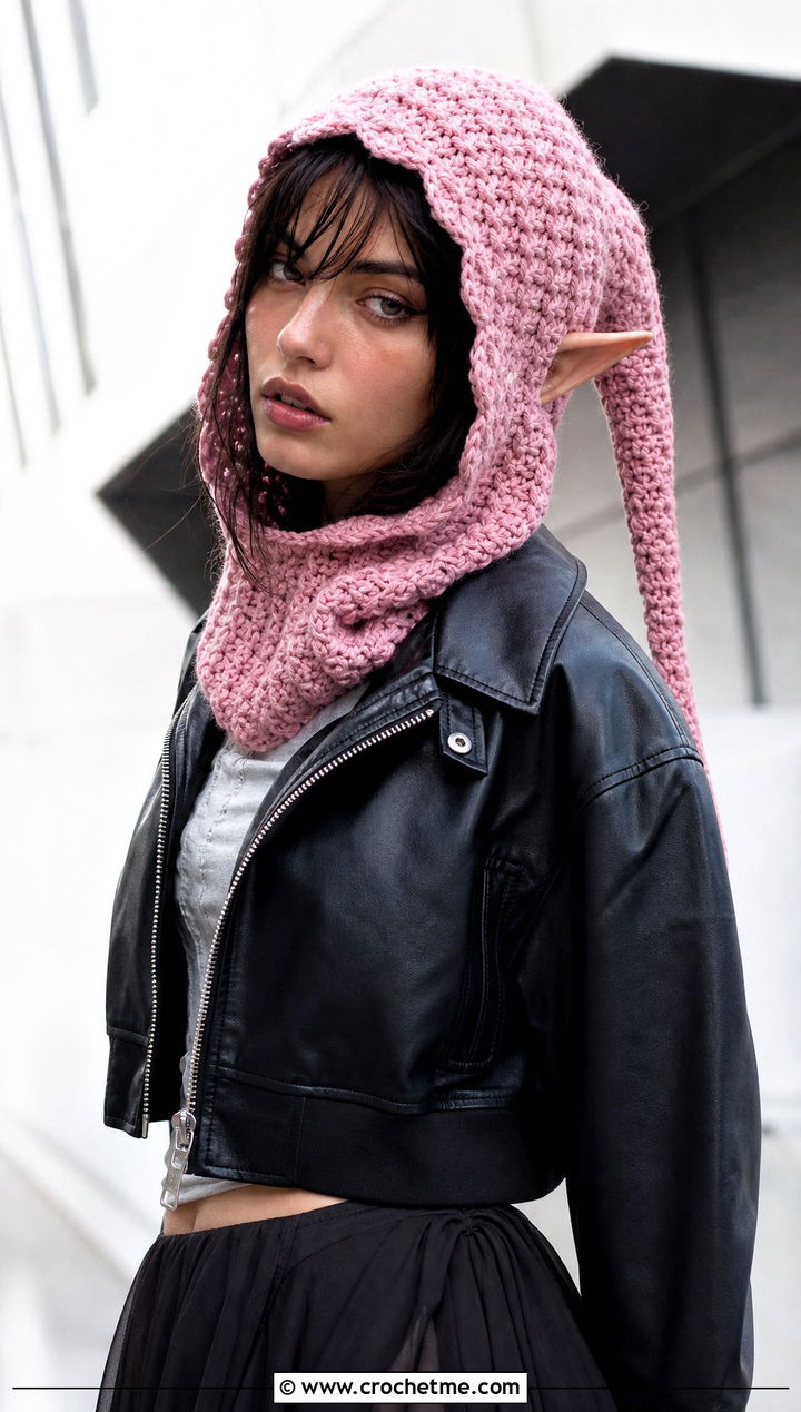 Fae Elf Crochet Hood With Leather Jacket and Maxi Skirt - 20 Pointed Crochet Hat outfit ideas