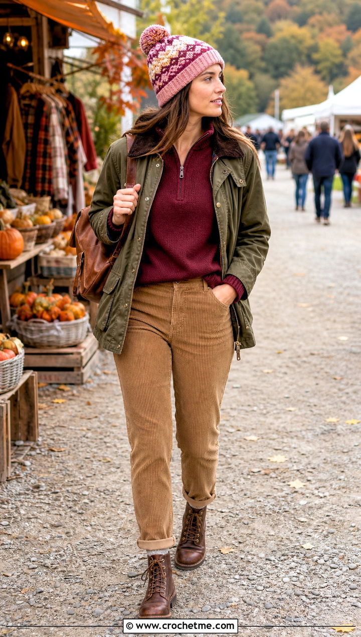 Fair Isle Crochet Beanie With Corduroy Pants - 35 cute crochet beanie outfit ideas
