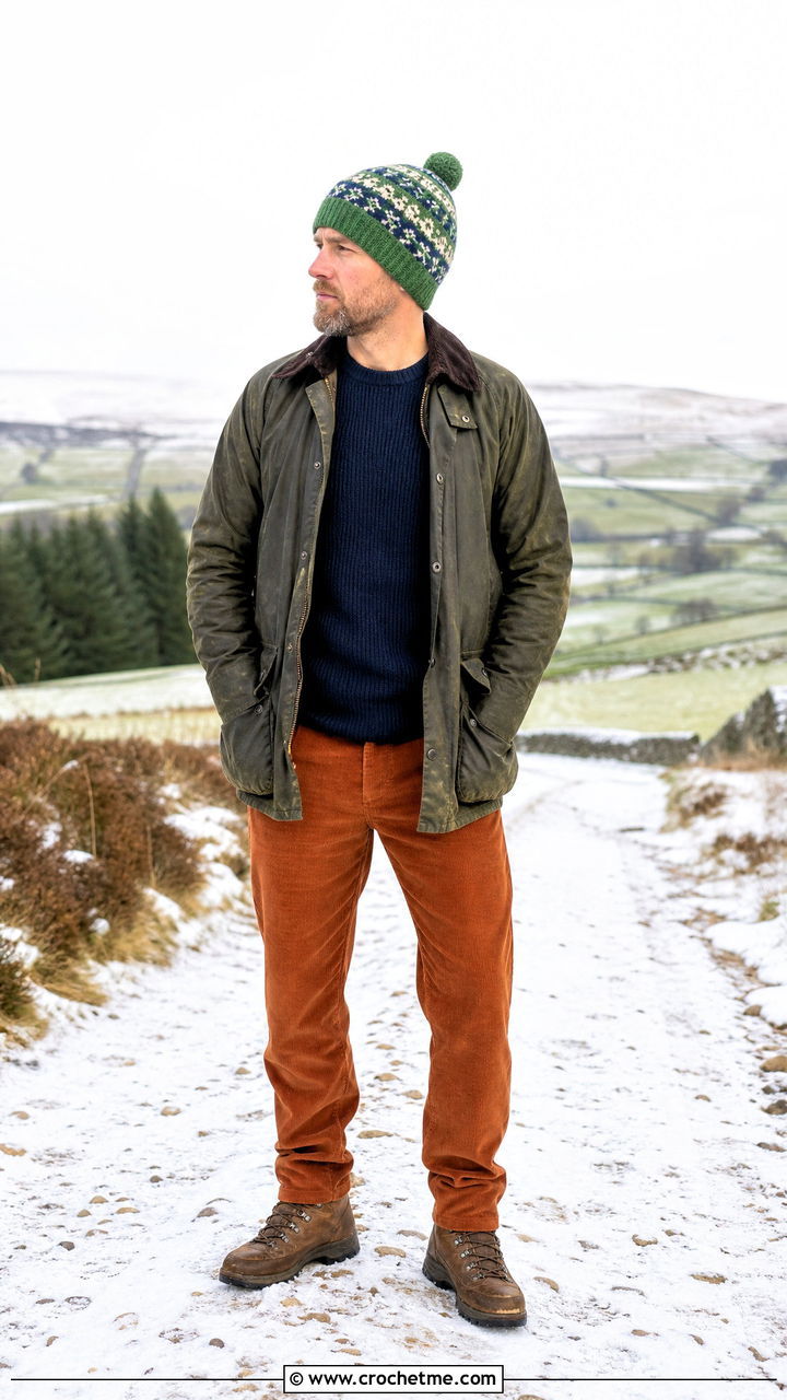 Fair Isle Crochet Beanie With Crewneck Sweater And Corduroy Pants - 35 crochet beanie for men outfit ideas