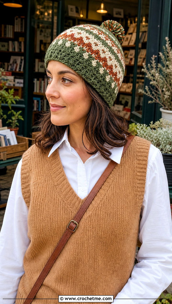 Fair Isle Crochet Beanie With Knit Vest - 25 country cottage crochet beanie outfit ideas