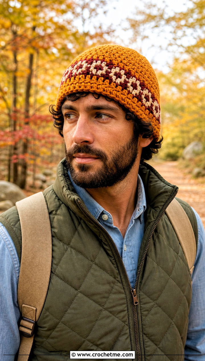 Fair Isle Crochet Beanie With Quilted Vest - 30 crochet man beanie outfit ideas