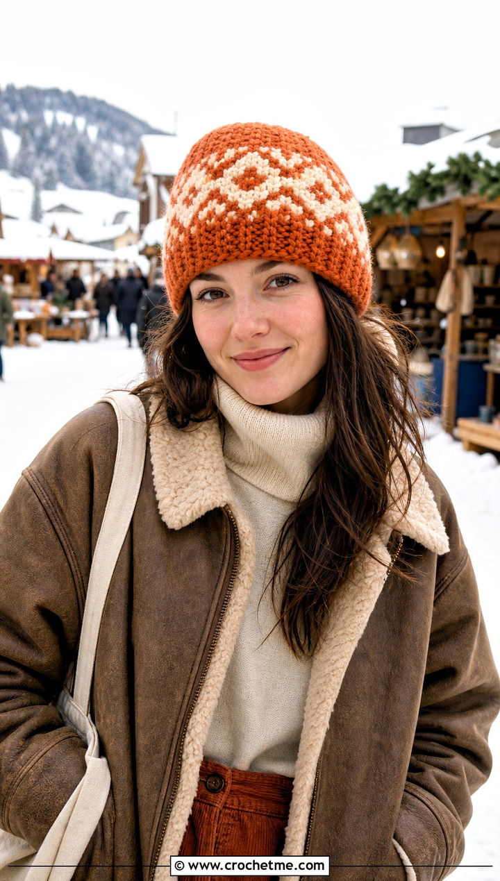 Fair Isle Crochet Beanie With Shearling Jacket - 15 Crochet Hat That Looks Knitted outfit ideas