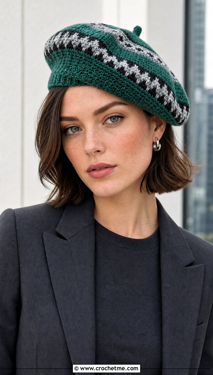 Fair Isle Crochet Beret With Monochrome Suit - 30 fair isle crochet hat outfit ideas