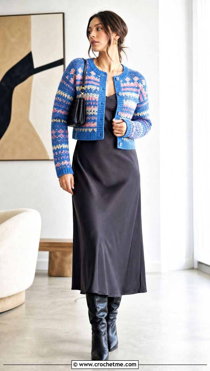 Fair Isle Crochet Cardigan Sweater With Slip Dress - 25 fair isle crochet sweater outfit ideas