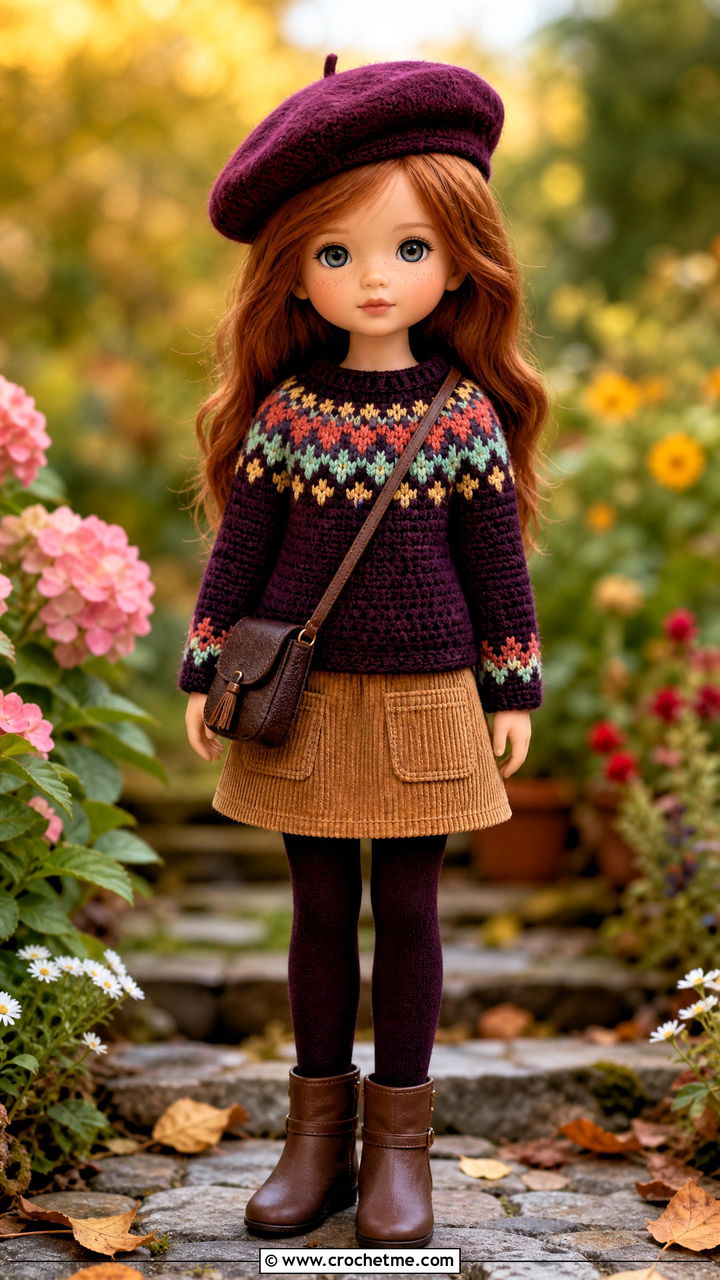 Fair Isle Crochet Doll Sweater With Corduroy Skirt - 35 crochet doll sweater outfit ideas