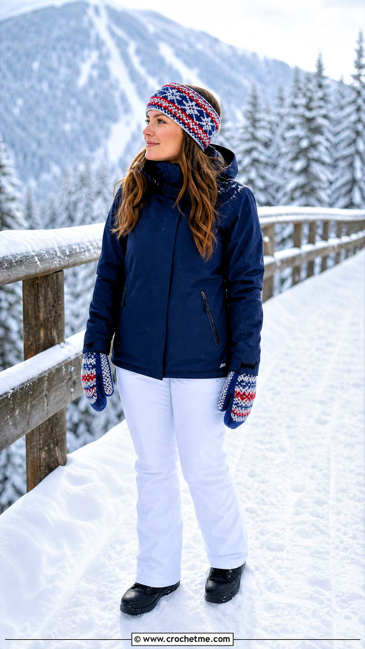Fair Isle Crochet Ear Warmer With Ski Jacket And Snow Pants - 35 crochet ear warmer outfit ideas