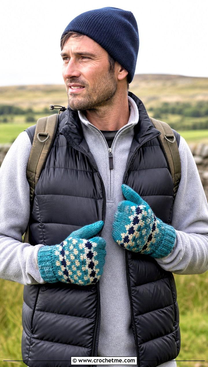 Fair Isle Crochet Mittens With Down Vest - 25 Mens Crochet Mittens outfit ideas