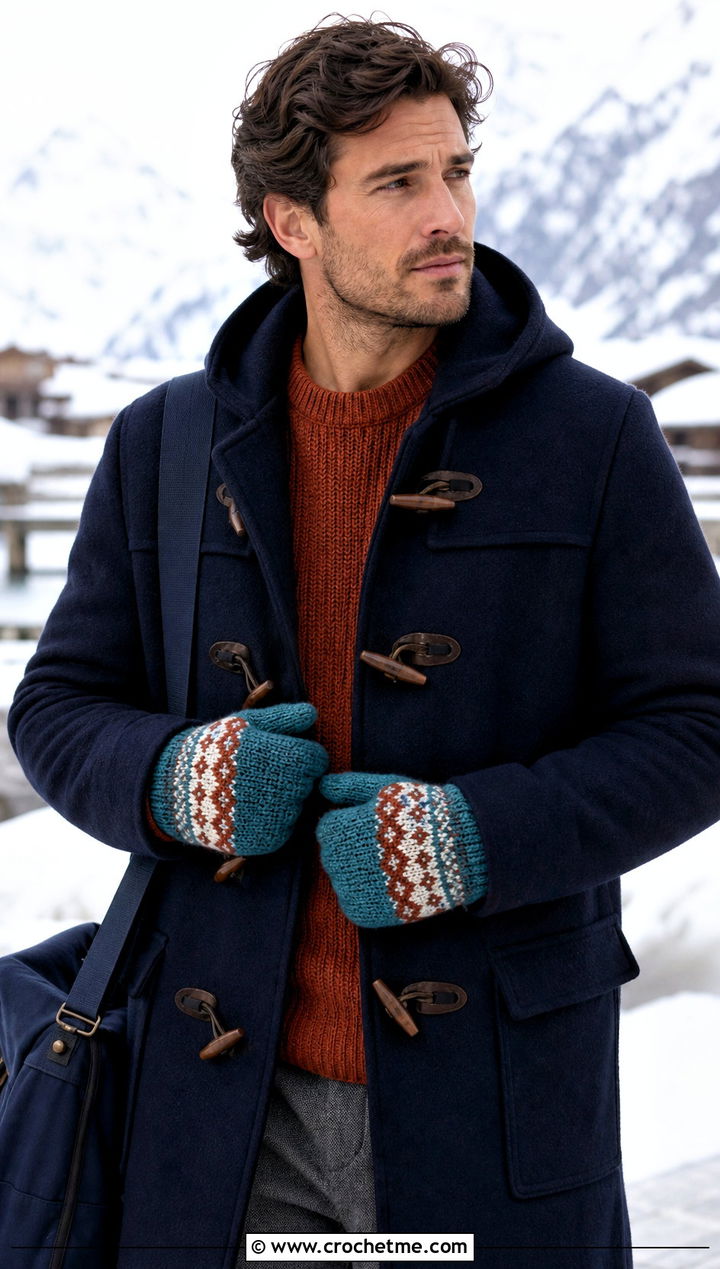 Fair Isle Crochet Mittens With Duffle Coat - 25 crochet mittens for men outfit ideas