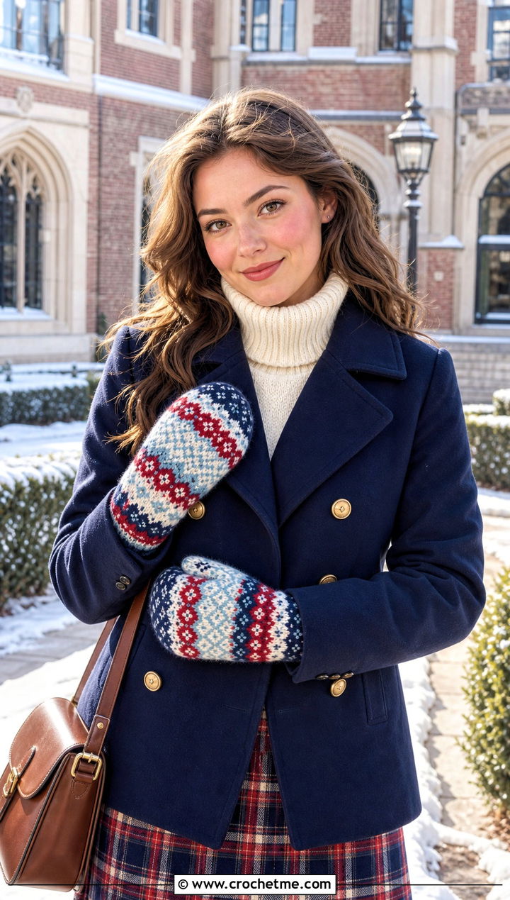 Fair Isle Crochet Mittens With Peacoat And Plaid Skirt - 25 cute crochet mittens outfit ideas
