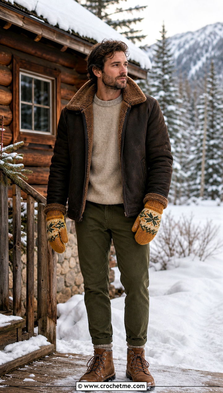 Fair Isle Crochet Mittens With Shearling Jacket - 35 men crochet gloves outfit ideas