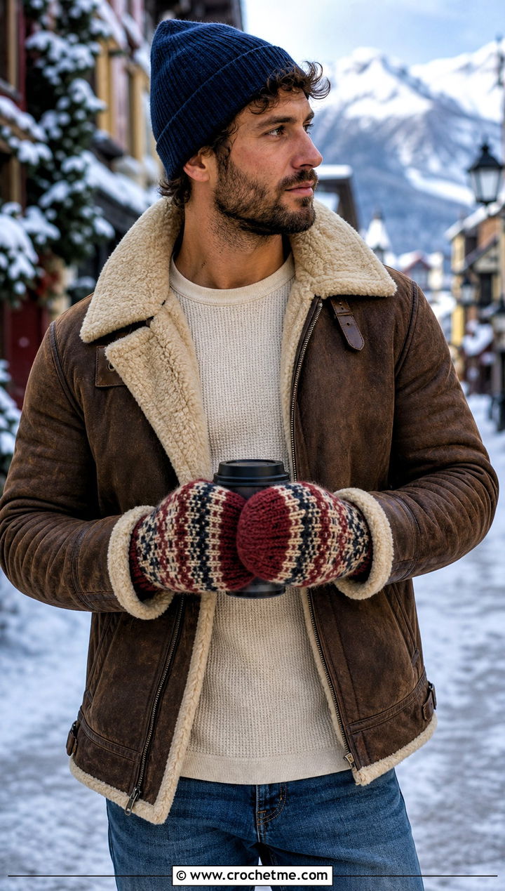 Fair Isle Crochet Mittens With Shearling Jacket - 25 Crochet Mens Mittens outfit ideas
