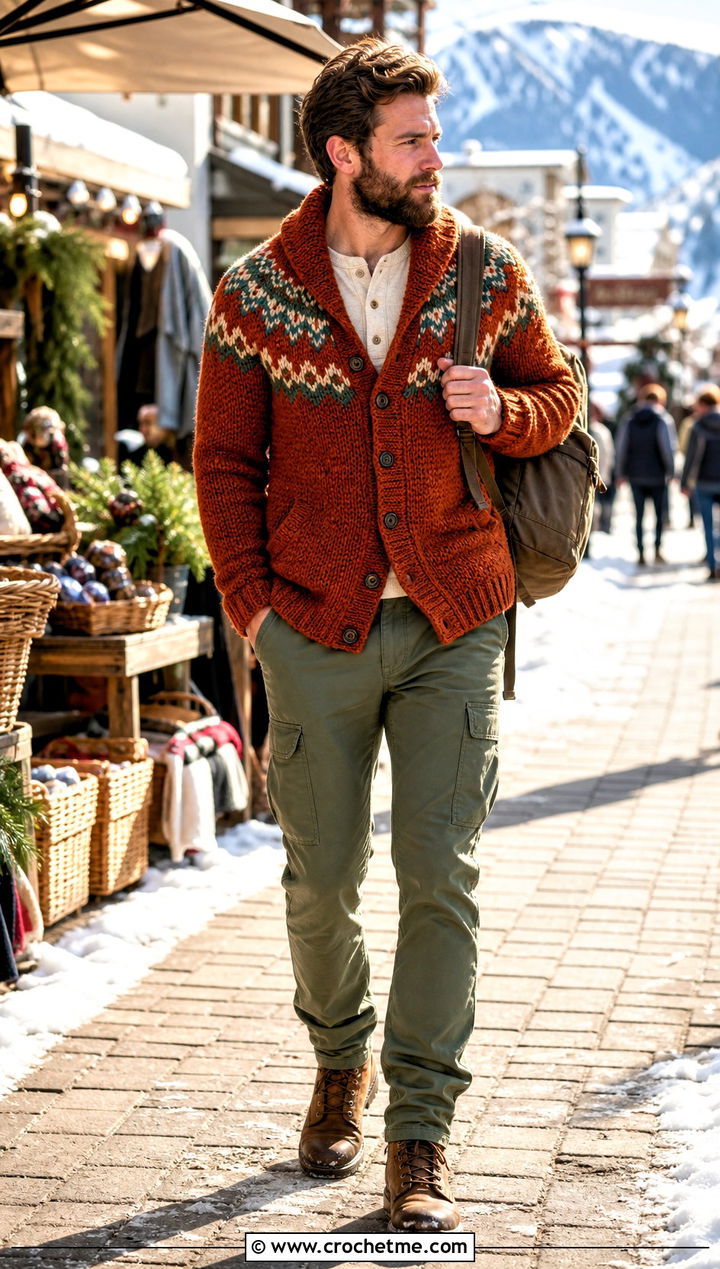 Fair Isle Crochet Shawl Collar Cardigan With Utility Pants - 20 Mens Crochet Shawl Collar Cardigan outfit ideas