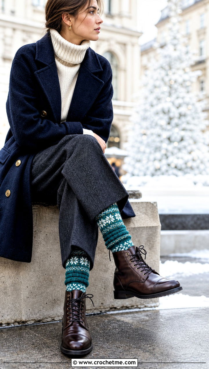Fair Isle Crochet Socks With Peacoat And Wool Pants - 25 men's crochet socks outfit ideas