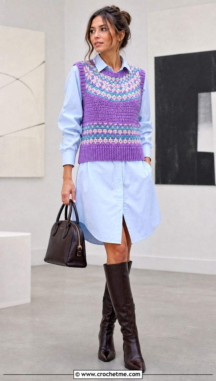 Fair Isle Crochet Sweater Vest With Poplin Dress - 25 fair isle crochet sweater outfit ideas