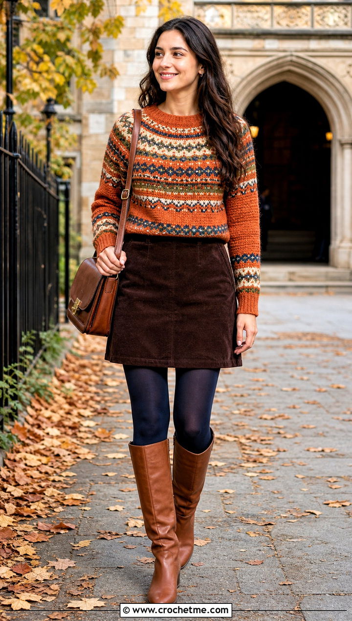 Fair Isle Crochet Sweater With Corduroy Mini Skirt - 30 fall crochet sweaters outfit ideas