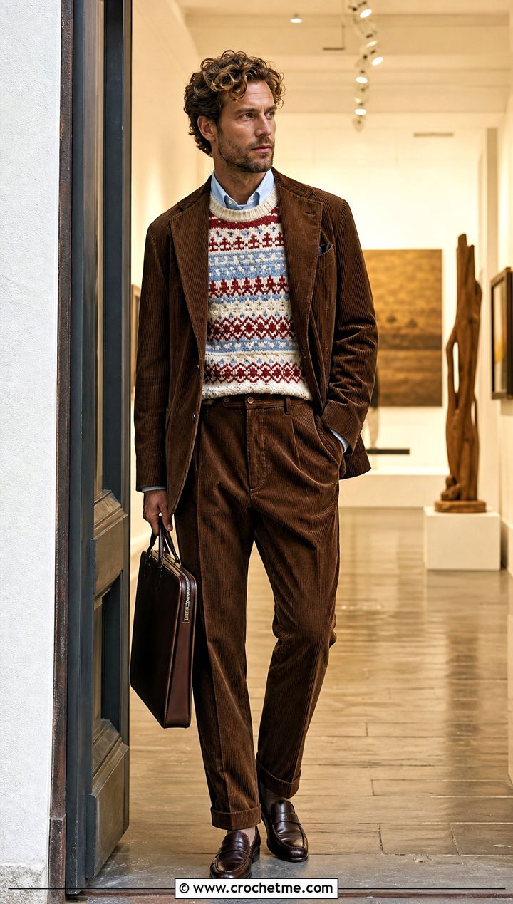 Fair Isle Crochet Sweater With Corduroy Suit - 35 men's crochet sweater ideas