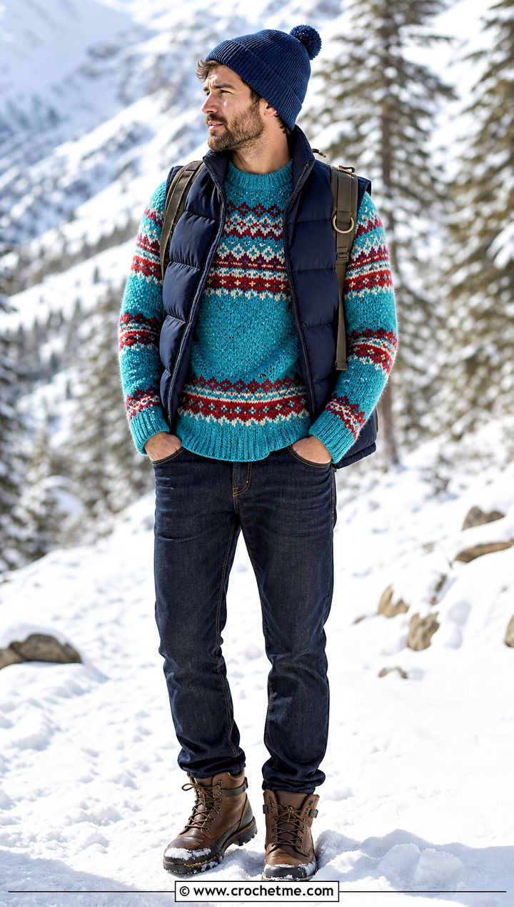 Fair Isle Crochet Sweater With Puffer Vest - 30 crochet sweater for man outfit ideas