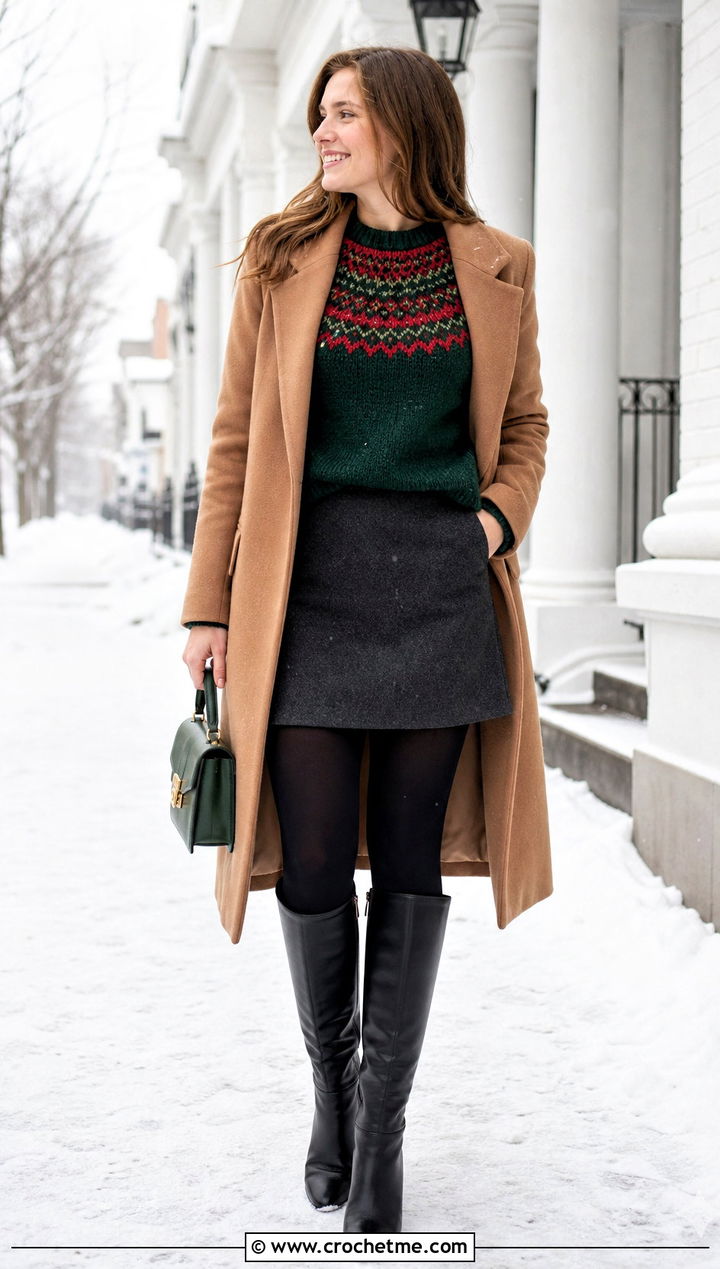 Fair Isle Crochet Sweater With Wool Mini Skirt - 30 winter crochet sweater outfit ideas