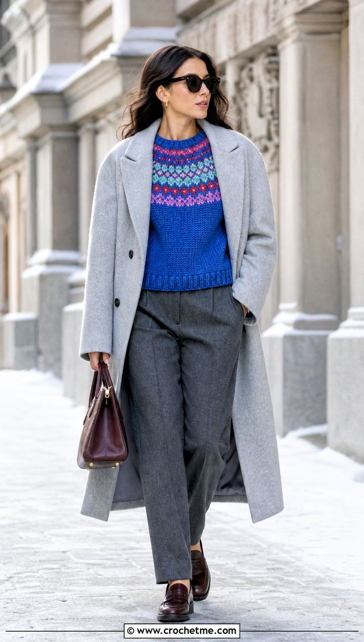 Fair Isle Crochet Sweater With Wool Trousers - 35 diy crochet sweater outfit ideas