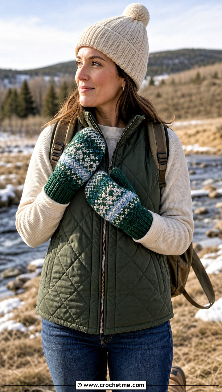 Fair Isle Crocheted Mittens With Quilted Vest - 30 Crocheted Mittens outfit ideas