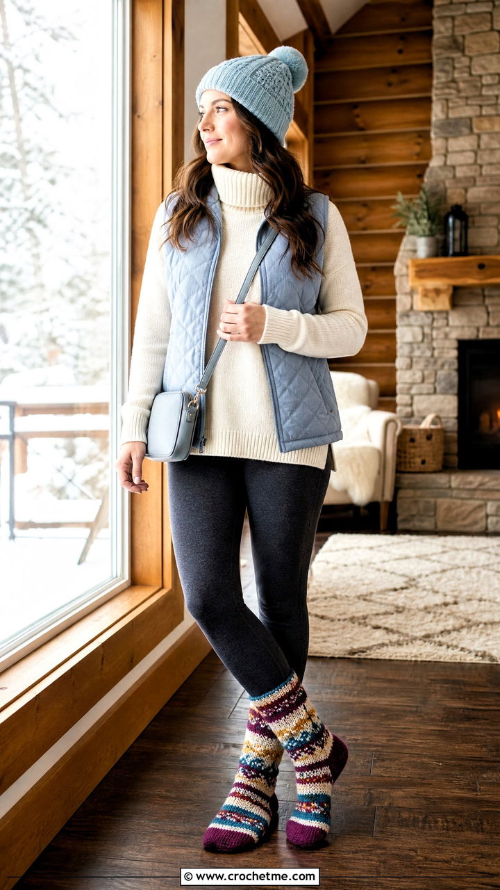 Fair Isle Inspired Bed Socks With Quilted Vest - 35 crochet bed socks outfit ideas