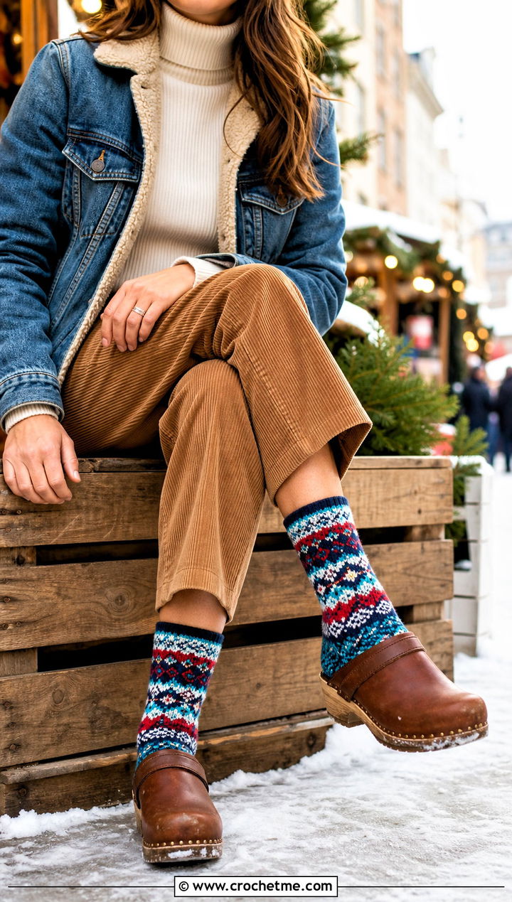 Fair Isle Inspired Crew Crochet Winter Socks With Corduroy Pants - 30 crochet winter socks outfit ideas