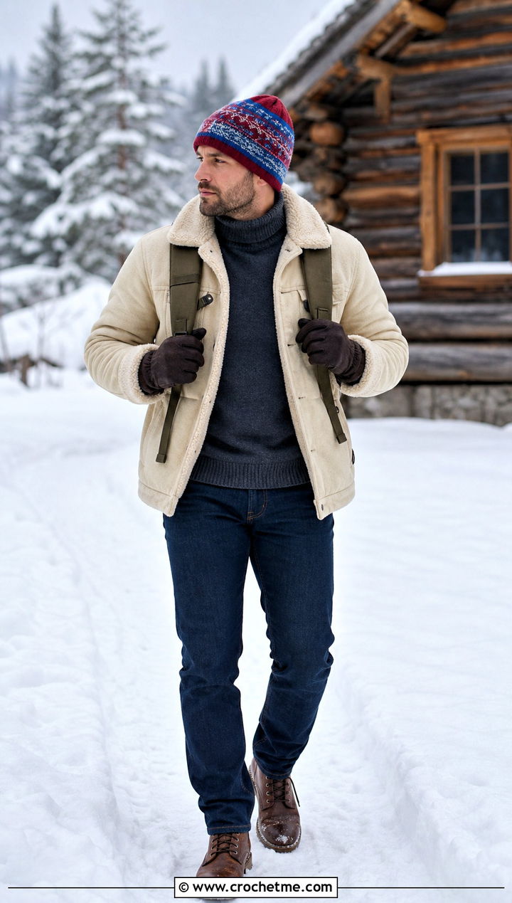 Fair Isle Inspired Crochet Beanie With Sherpa Jacket - 35 Men Crochet Beanie outfit ideas