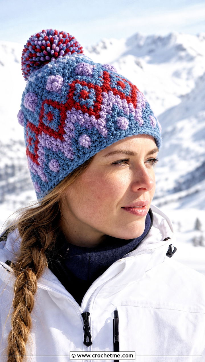 Fair Isle Inspired Crochet Bobble Hat With Ski Jacket - 30 crochet bobble hat outfit ideas