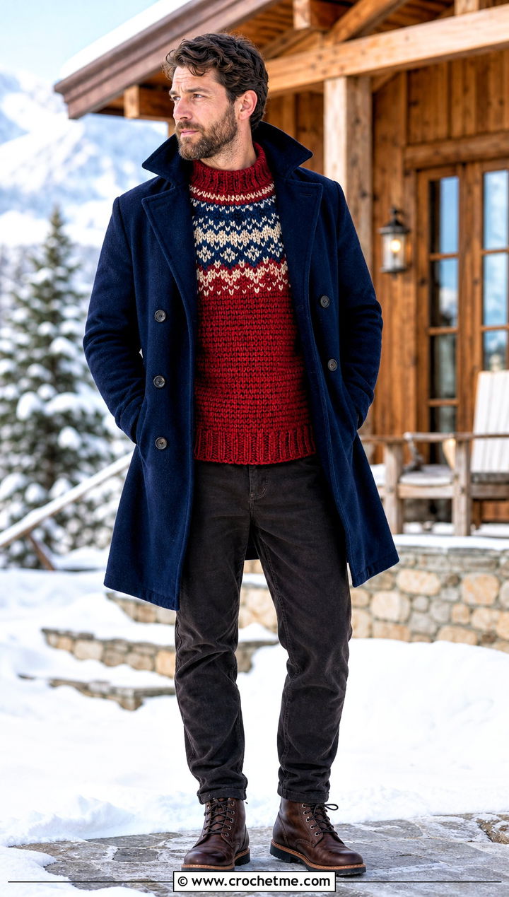 Fair Isle Inspired Crochet Sweater With Moleskin Pants - 30 men's crochet sweater outfit ideas