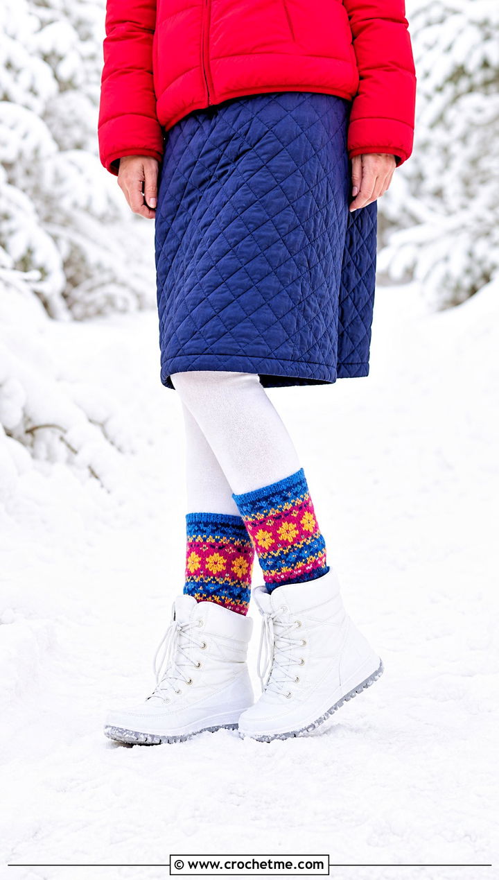 Fair Isle Inspired Crochet Wool Socks With Puffer Jacket - 30 Crochet Wool Socks outfit ideas