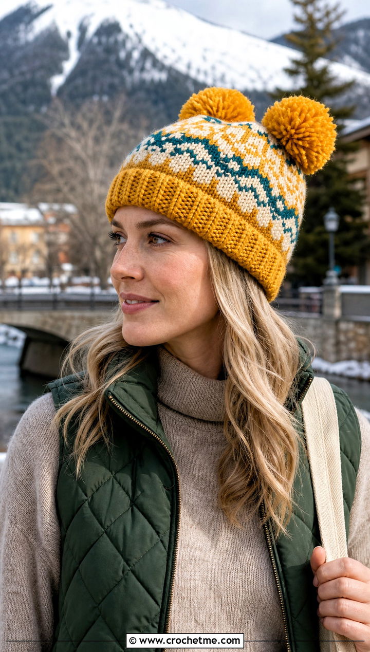 Fair Isle Inspired Double Pom Pom Hat With Quilted Vest - 25 Crochet Double Pom Pom Hat outfit ideas