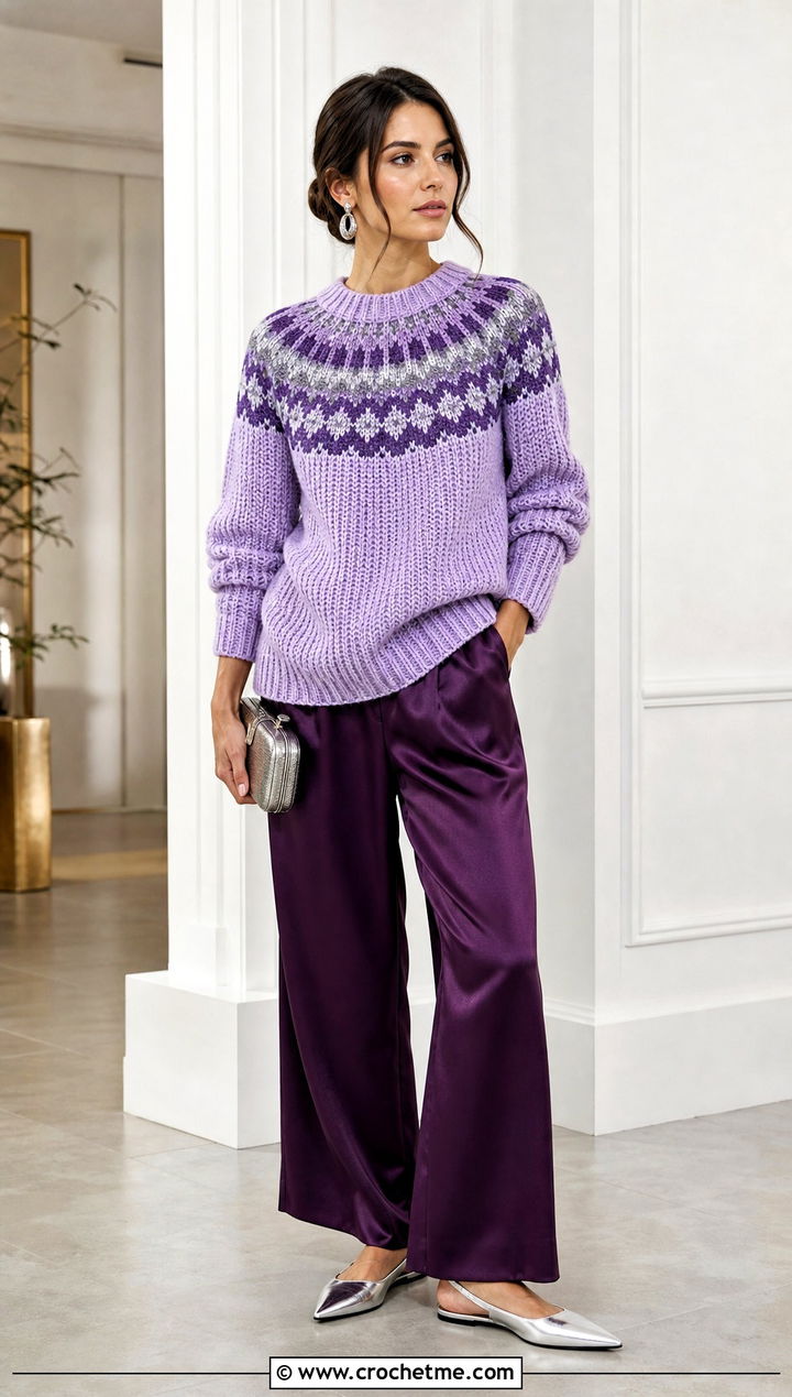 Fair Isle Inspired Grandpa Crochet Sweater With Satin Trousers - 15 Grandpa Crochet Sweater outfit ideas
